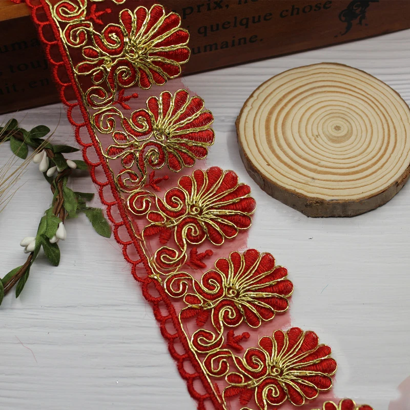 2 yards Gold Line Embroidery Flower Lace Hollow Organza Ribbon Trim DIY Craft Dress Stage Clothing Accessories Decor Fabric | Дом и сад