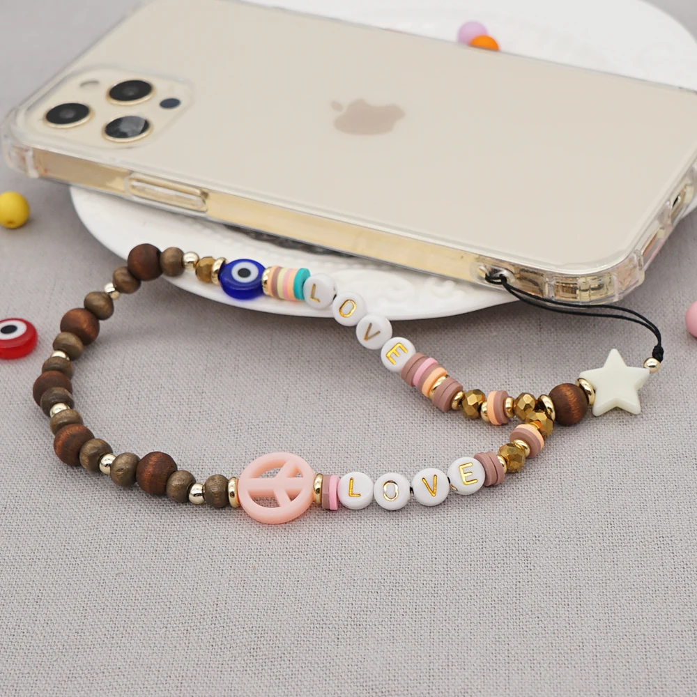go2boho chain for phone charm beads chains cell phone cord accessories peace sign jewelry wood beads straps 2021 mobile lanyard free global shipping
