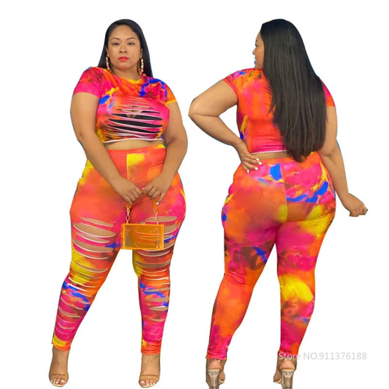 

5xl Two Piece Set Women Summer Outfits O-Neck Short Sleeve Tops and Pants Suits Hollow Out Skinny Plus Size Sets Dropshipping