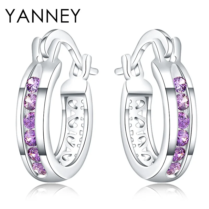 

YANNEY Fashion 925 Sterling Silver Round Colored Zircon Hoop Earrings Woman Charm Wedding Gift Jewelry