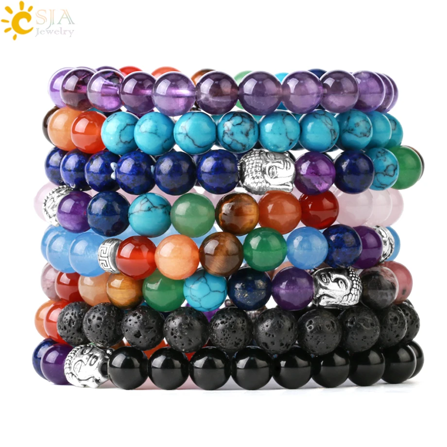 

CSJA Natural Stone 7 Chakra Bracelet for Women Buddha Lava Tiger Eye Bracelets on Hand Healing Reiki Bead Crystal Bangles G868