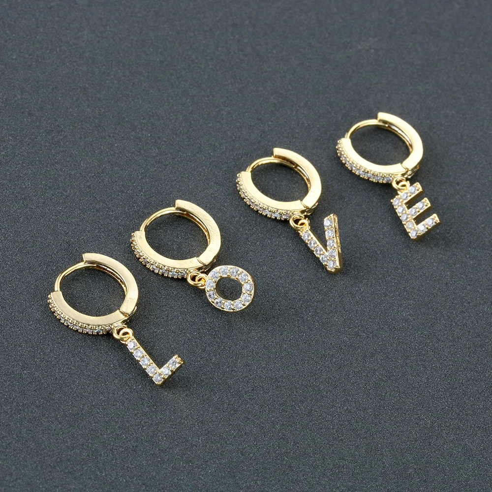 1pc Letter CZ 26 Initial Charm Dangle Drop Earring Girls Hoop Earrings Personalized Name Alphabet Gold Silver | Украшения и