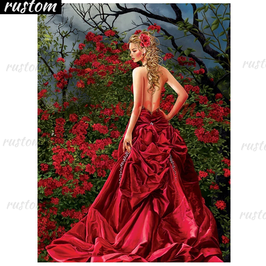 

Full Square/Round Diamond painting Cross Stitch Rose girl mosaic Diamond Embroidery rhinestones red flowers diamond pictures Rus