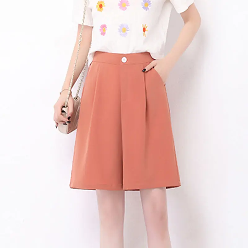 

Suit Shorts Female Summer Wear 2021 New Loose Wide-leg Mid-pants High Waist Thin A-line Black Five-point Pants