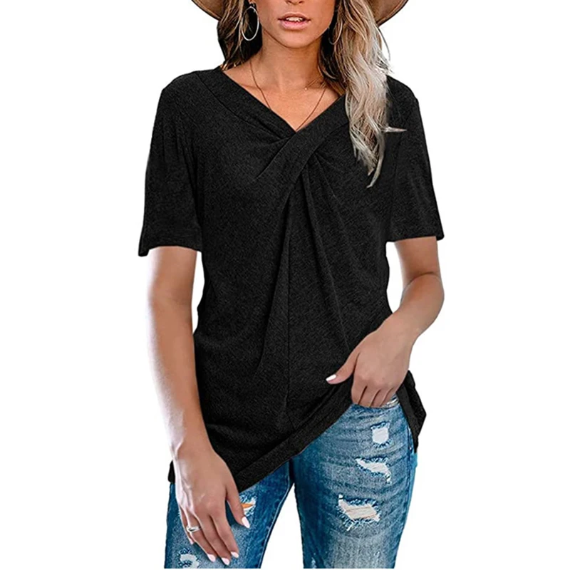 

Women Summer Short Sleeves T-shirts V Neck Solid Color Pullover Breathable Casual Tops LL@17