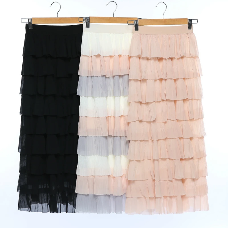 Женская многослойная юбка макси розовая элегантная длинная с высокой талией в