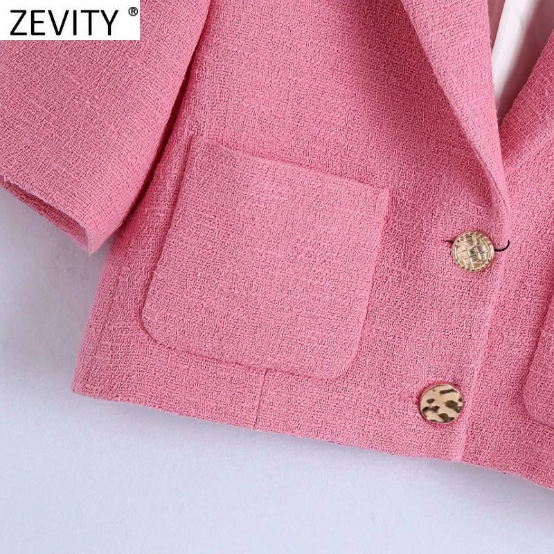 

Zevity Women England Style Pockets Patch Solid Rose Pink Short Tweed Woolen Blazer Coat Vintage Female Outerwear Chic Tops CT679