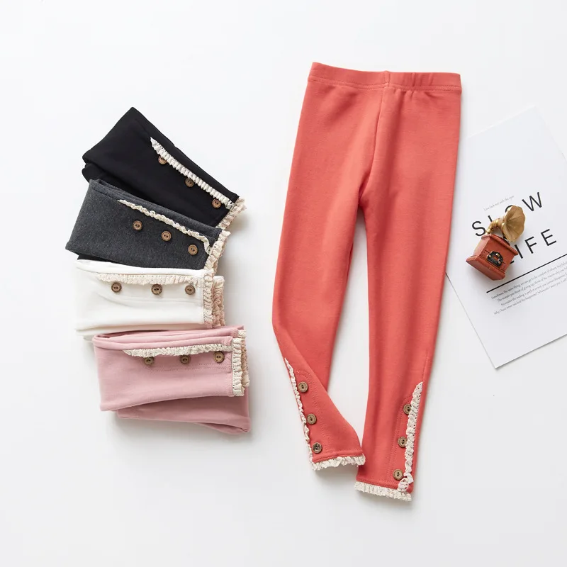 Весенне осенние детские леггинсы хлопковые штаны на пуговицах кружевные брюки