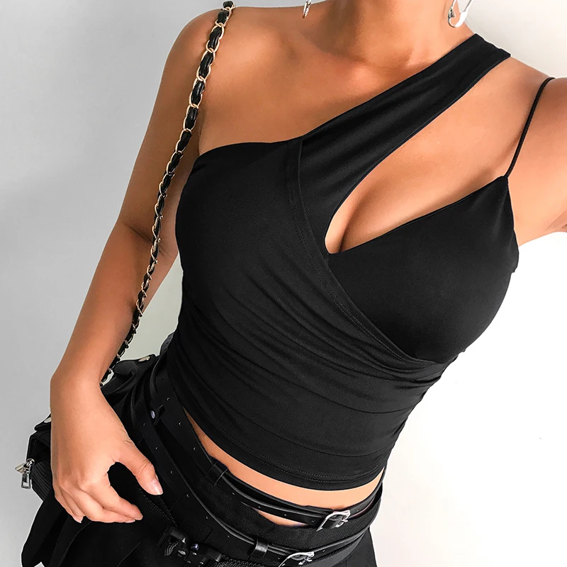 

Aangls Secret Irregular Halter Black Tank Top Women 2021 Sexy Backless Cropped Ruched Party Club Women Summer Camisole AG31151