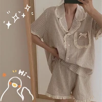 womens pajamas korean sweet plaid short sleeved cardigan shorts comfortable homewear suit 2 pieces summer loungewear sleepwear