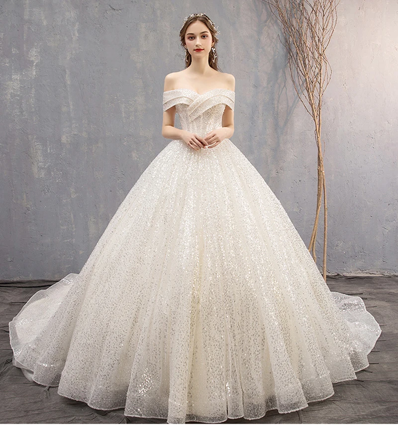 

Boat Neck Sequins New Wedding Dress with Royal Train Off the shoulder Plus sizes Vestido De Noiva vestido de festa Ball Gown