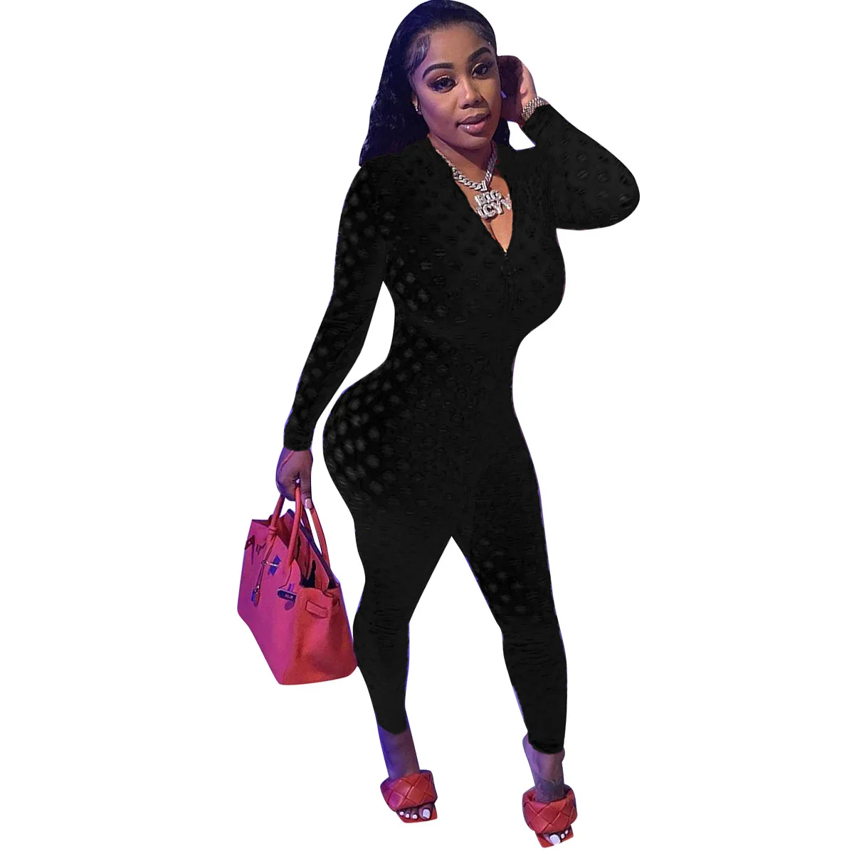 

INS Fashion Lace Women Party Jumpsuits 2021 Hottest Sexy Hollow Out Long Sleeves Zipper V Neck Stretchy Skinny Nightclub Rompers