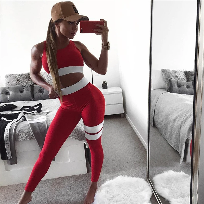 2 Two Piece Set Tank Top Training Tracksuit Fitness Women Sportswear Shapewear Sweat Suit Tights Work Out Exercise Yoga Set Red