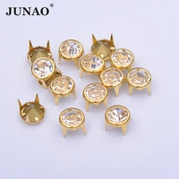 junao 100pcs 10mm gold rhinestone rivet metal spikes crystal studs decorations rivet claw rhinestone for accessories jewellery