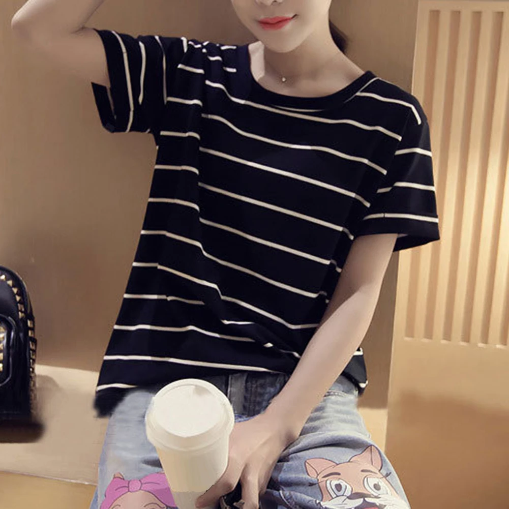Модная Летняя женская Свободная полосатая Повседневная футболка с круглым