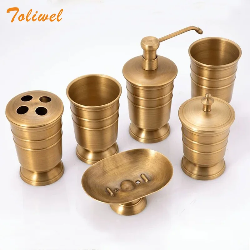 antique brass bathroom supplies lotion bottle toothbrush cup holder soap dish soap dispenser 5pcs set bathroom accessories free global shipping