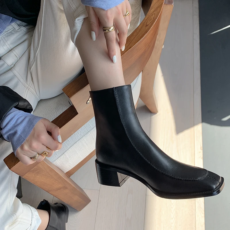 

Concise Genuine Leather Women Ankle Boots 2020 Winter Newest Square Toe med Heels women Pumps Office Lady dress Shoes Woman