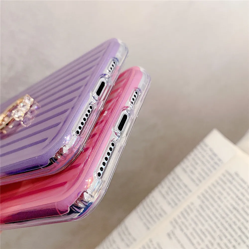 FLYKYLIN Laser Solid Color Ring Holder Phone Case For iPhone SE 2020 11 Pro Max XR XS 7 8 Plus Stripe Texture Soft IMD Cover |