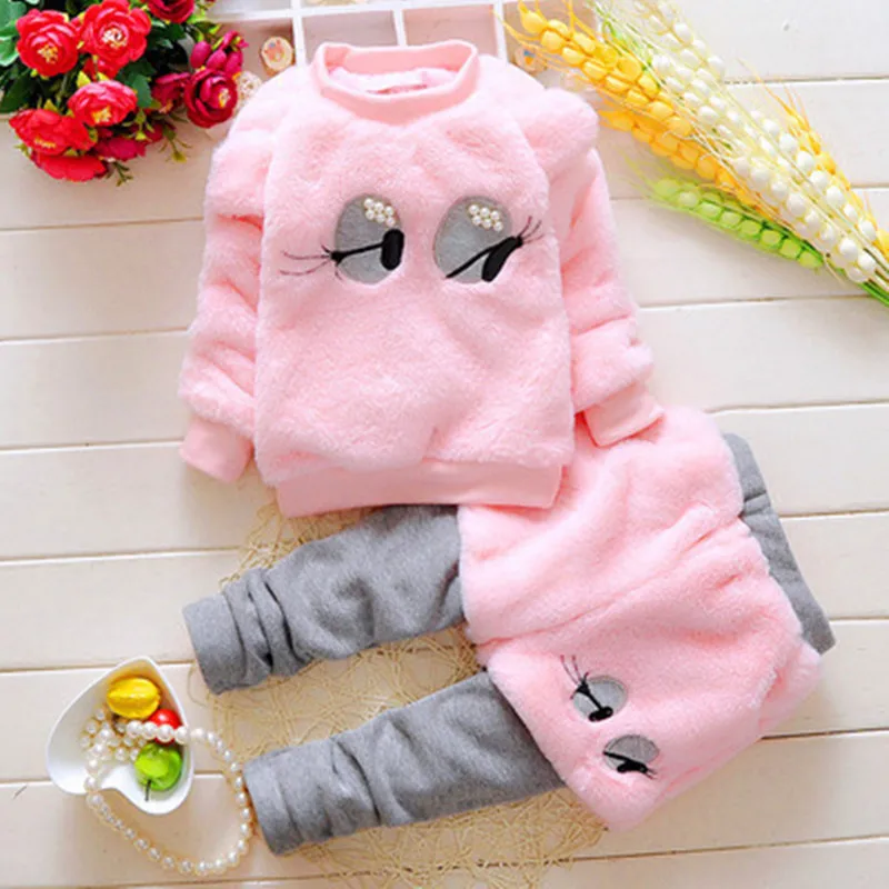 

Baby girl autumn and winter suit smiley print cartoon plus velvet thickening casual cotton sports T-shirt children's two-piece