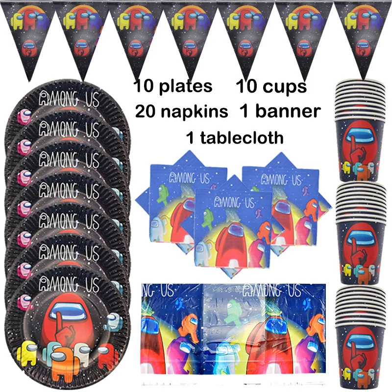 

New Among of Us Game Theme Party Supplies Disposable Tableware Set wristband Badge Straw Balloon Birthday Kid Favorite Decorati