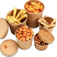 50pcspack large capacity disposable kraft paper bowl with paper lid eco takeaway food fruit package paper cup thick paper box