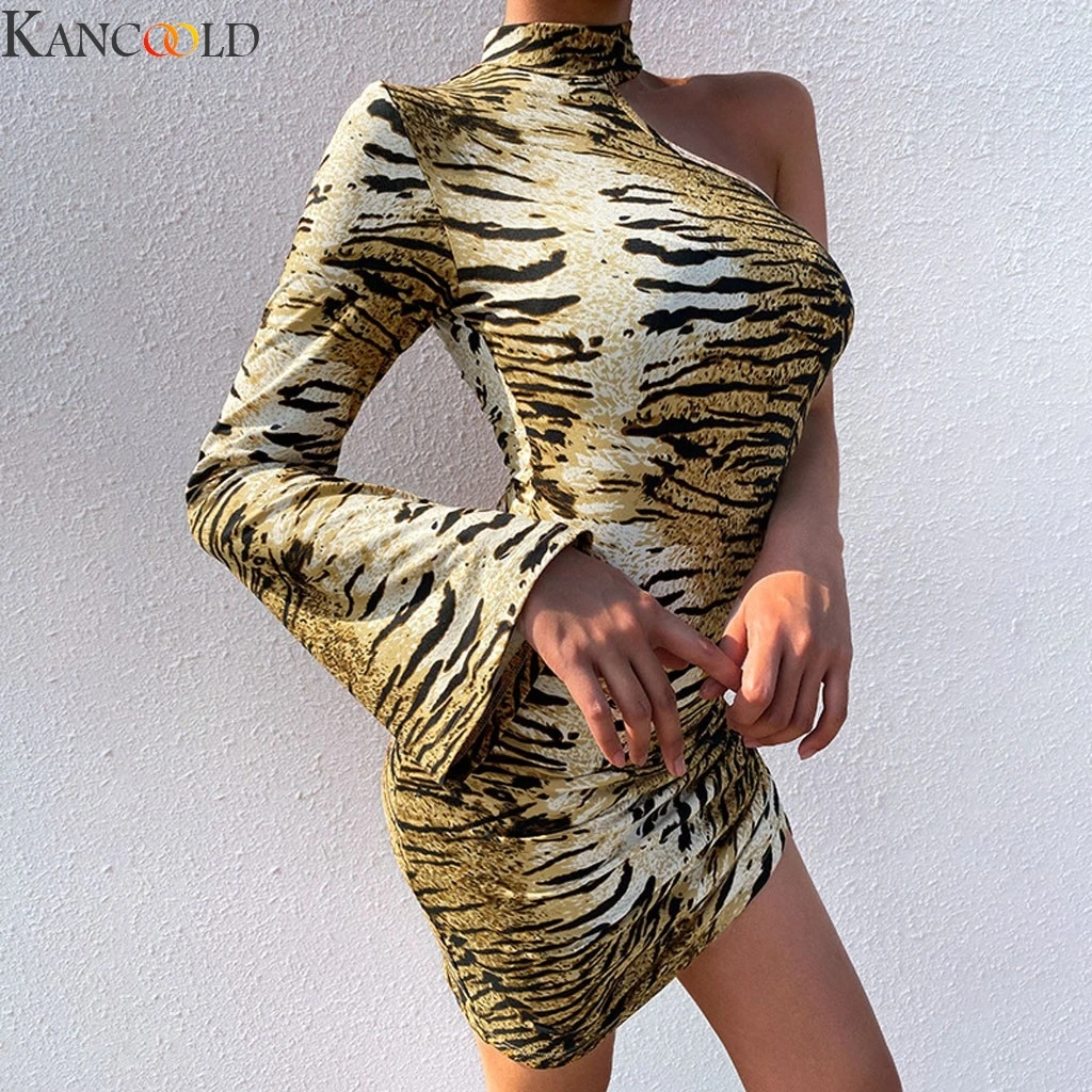 KANCOOLD леопардовое с тигровым принтом длинным рукавом облегающее сексуальное