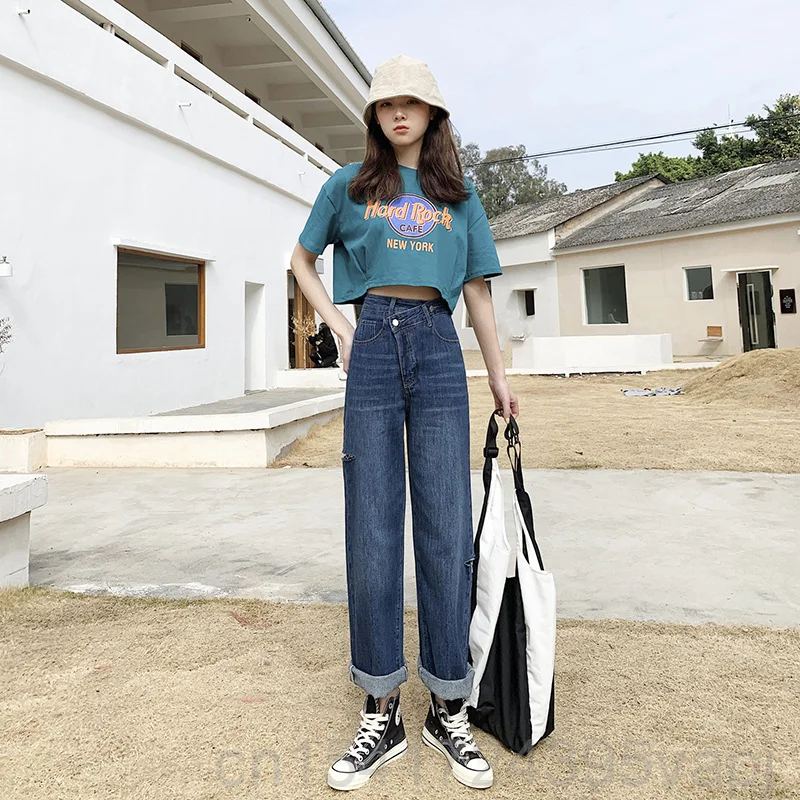 

Spring 2021 loose, thin, irregular, high waist, no hole in knee, wide leg denim pants, women