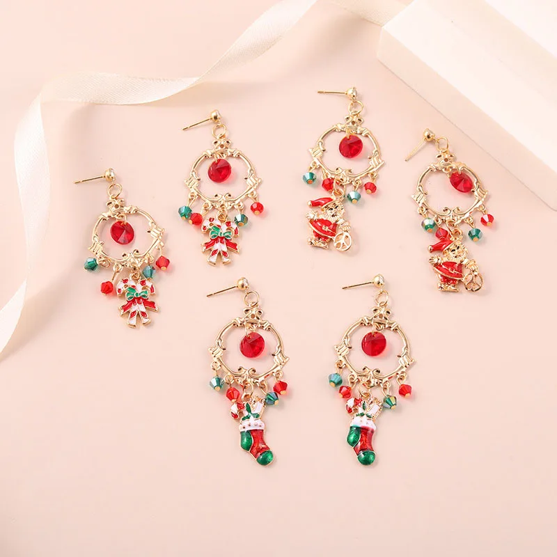 

Multicolor Beaded Christmas Earrings Charms Red Green Bead Santa Claus Tree Sock Gift Jewelry Travel Party New Year Gifts