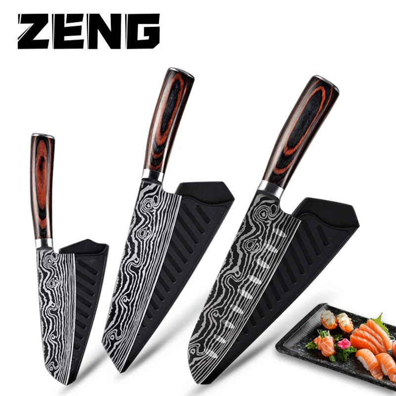 

ZENG Kitchen Knives 8" Stainless Steel Chef Knife High Grade 7Cr17 Frozen Meat Cutter Wood Handle Identation blade Cooking Tool