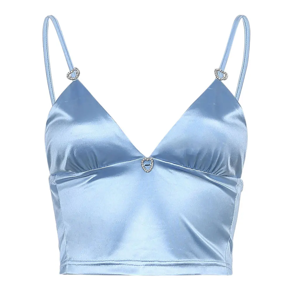 

ZOTTSOZ Sexy Slim Street Casual Club Camisole Vest Women Summer Heart Diamond Decoration Solid Color Fashion Sling Tank Tops