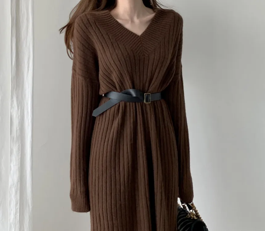

New Women Winter Long Bottoming Warmth Chic Sweater Ladies V-neck Dress Sweater Autumn Straight Knit Sweaters Fashion Kniteds