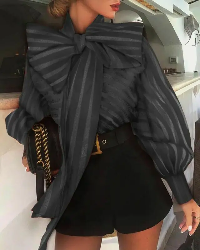 

Big Bow Collar Shirt Tops Womens Long Puff Sleeve Sexy See Through Mesh Stripe Shirts Blouse Tops Perspective Top Black Red