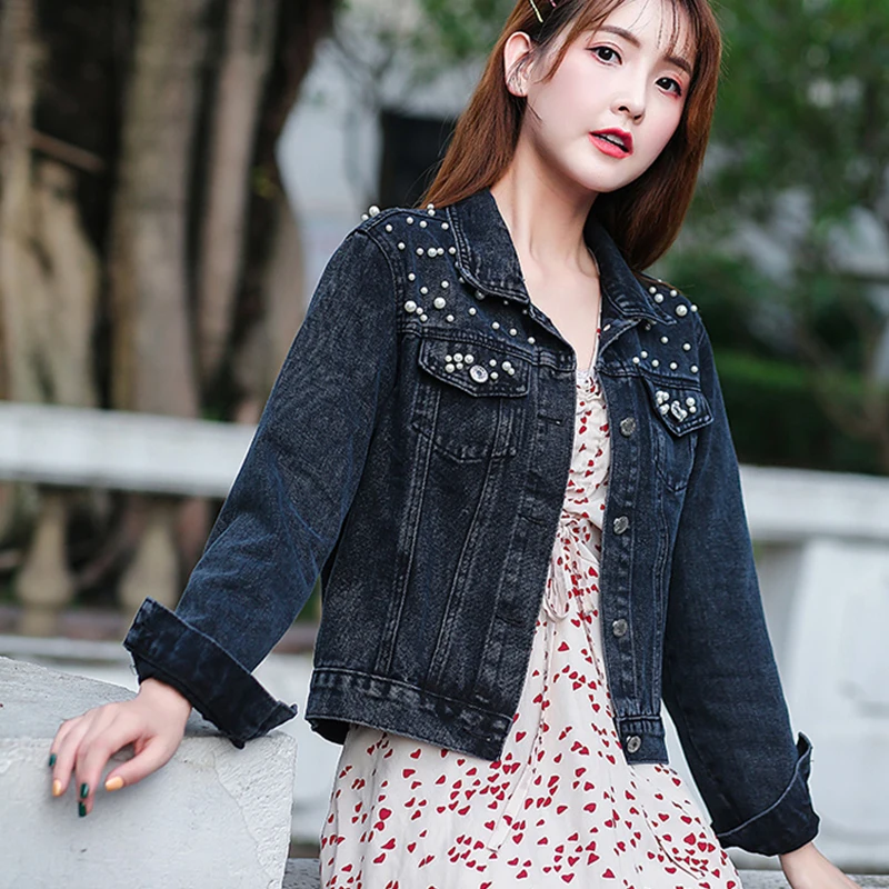 

2021 Autumn Bomber Women Short Denim Jacket Long Sleeve Vintage Casual Ladies Beading Coats Female Jackets Outwear Plus Size 5XL