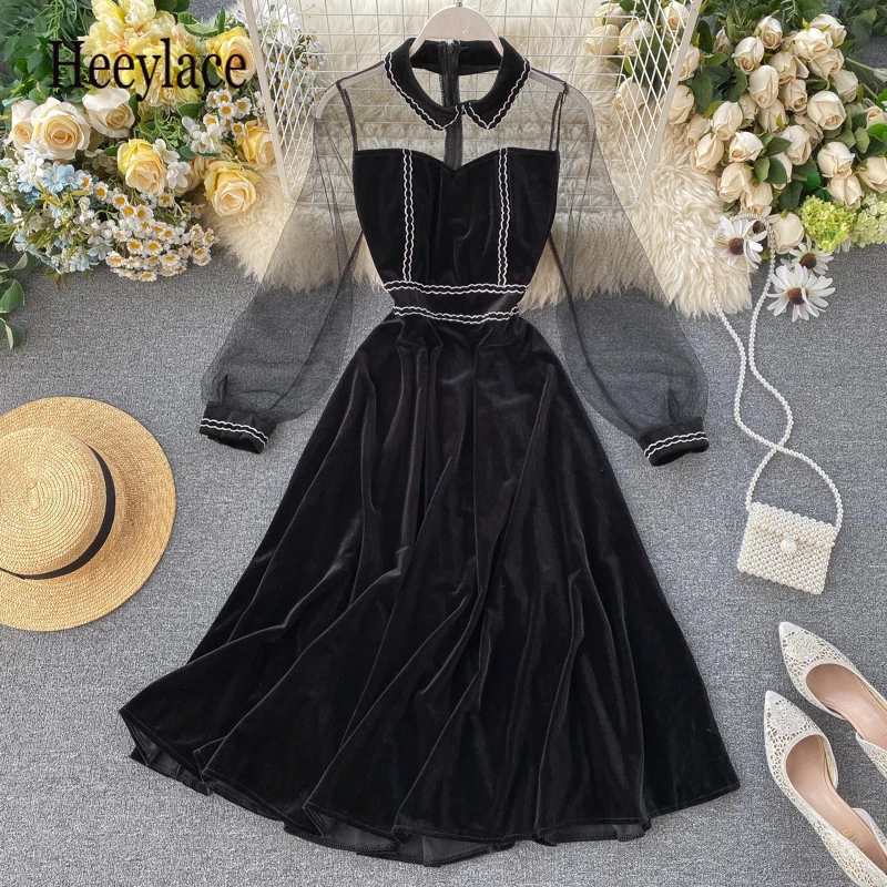 Сетчатое лоскутное бархатное платье прозрачные сетчатые винтажные платья с