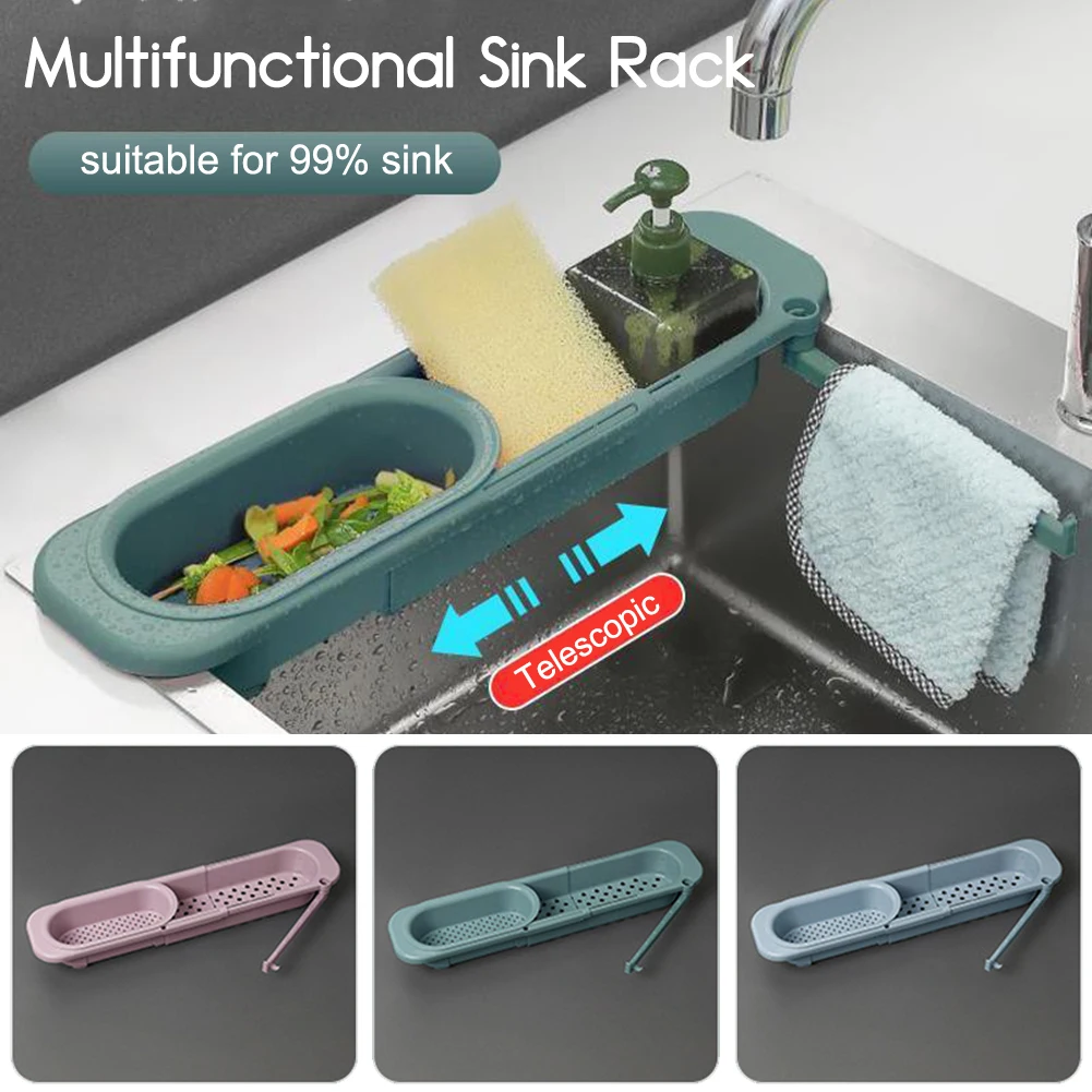 

Telescopic Sink Rack Expandable Kitchen Sink Caddy Organizer with Towel Rack Drain Tub Sponge Holder for Kitchen Organization