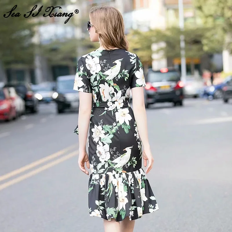 

Seasixiang Fashion Runway Summer Party Vintage Black Mermaid Midi Dresses Women Short sleeve Flower Print High Waist Dress