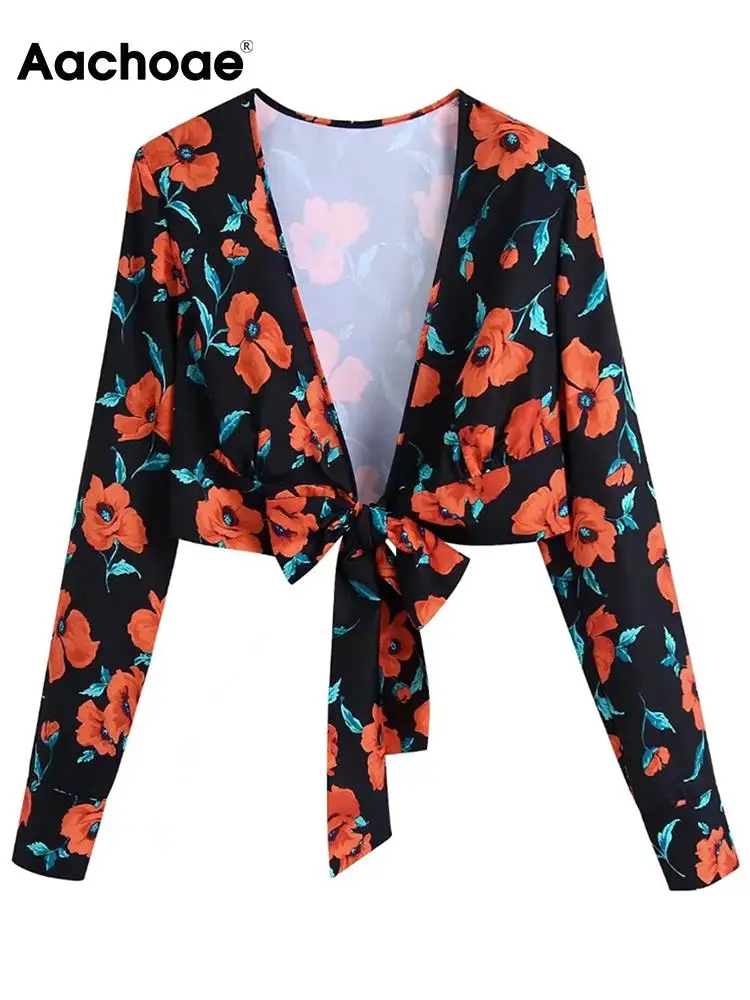 

Женские пикантные блузки Aachoae с глубоким V-образным вырезом, рубашки, винтажные укороченные рубашки с цветочным принтом и длинным рукавом, т...