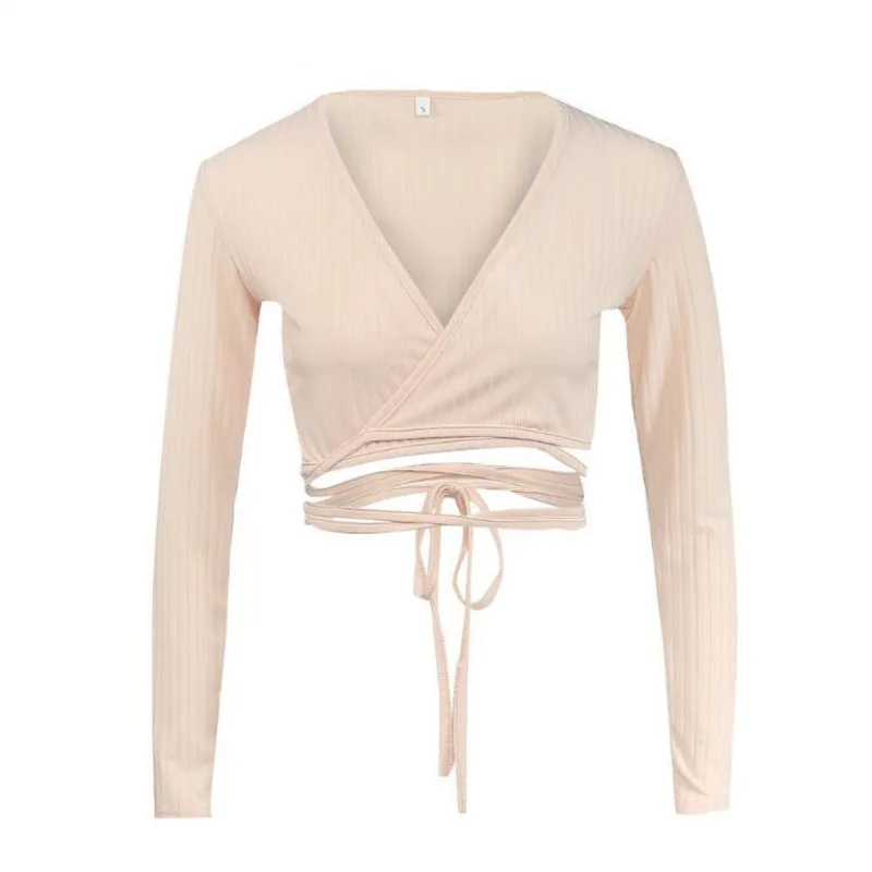 

XUXI Women New T-shirt V-neck Slim Long-sleeved Fleece Fashion Sexy Deep-V Bandage Top TShirt Spring Autumn 2021 E598