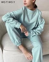 wotwoy elastic waist casual sweatshirt women 2 pieces matching pants sets autumn winter loose tracksuits female solid pullovers