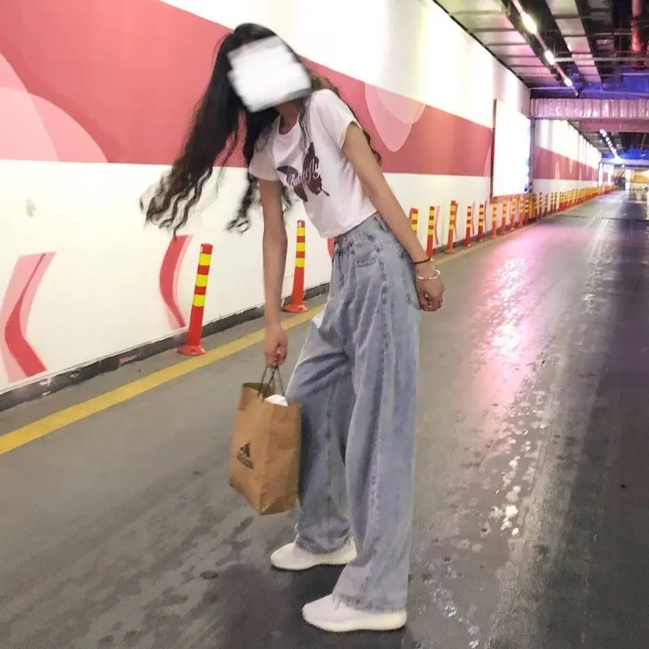 

Summer new loose and adjustable wide leg daddy floor dragging pants fashion Korean ins straight tube high waist jeans women's
