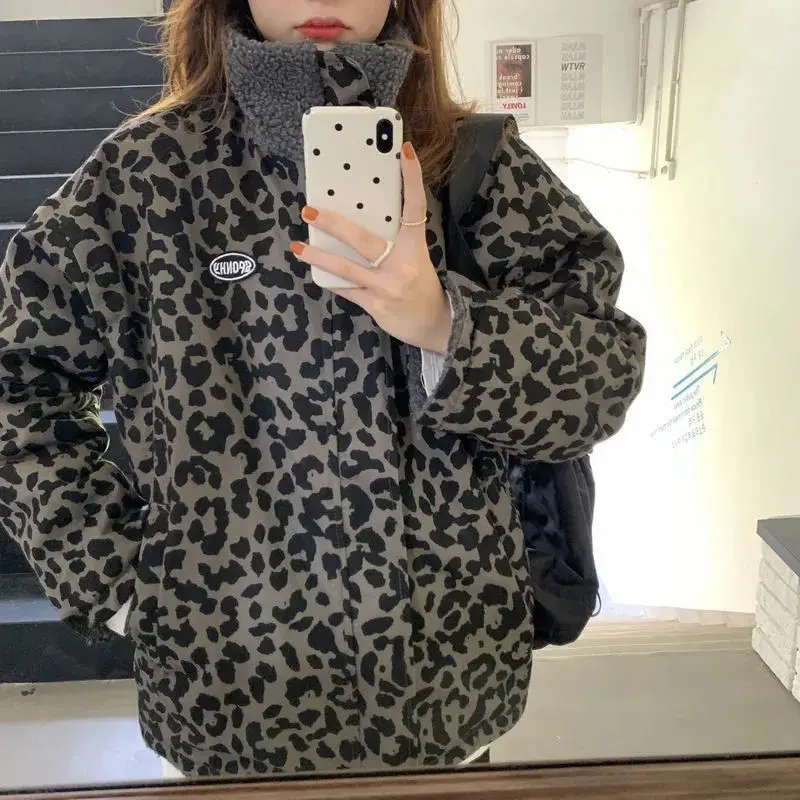 

leiouna Leopard Print Two Sides Motorcycle Jacket Faux Lamb Fur Kawaii Coat Teddy Fur Coat Fleece Parkas Coats Cropped Stripeed