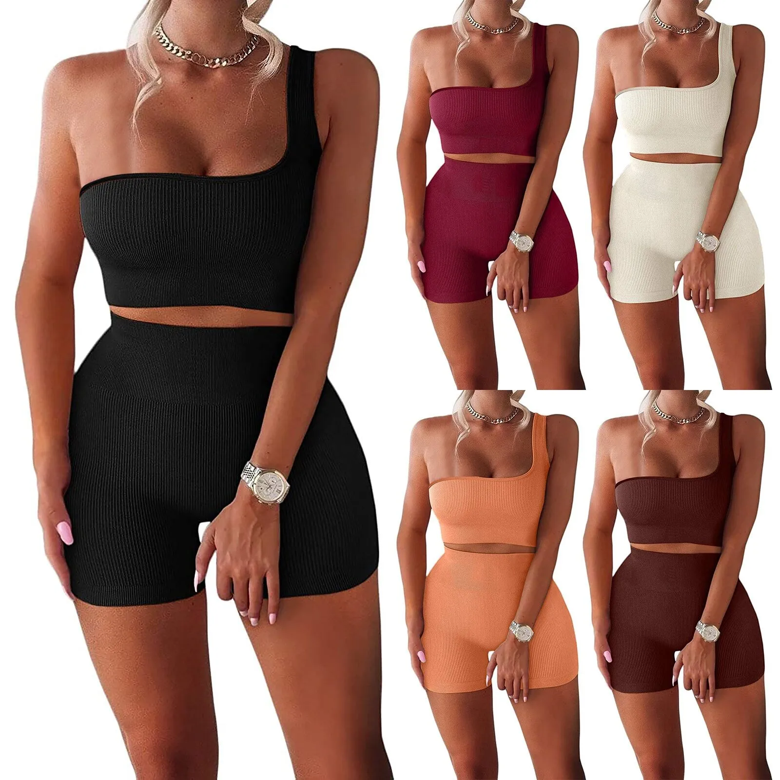 

Спортивный Модный женский комплект из двух предметов с открытым плечом и шортами с высокой талией, женские костюмы и комплекты