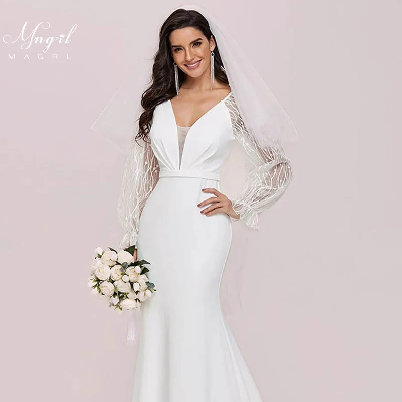 

MNGRL Bridal Dresses Simple Retro V-neck Long Sleeve Wedding Gown White Chiffon Lace Tail Mermaid Wedding Dress