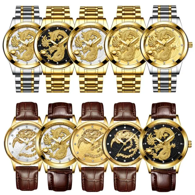 

Часы с драконом и Фениксом водонепроницаемые светящиеся золотистые кварцевые ультратонкие часы со стальным браслетом