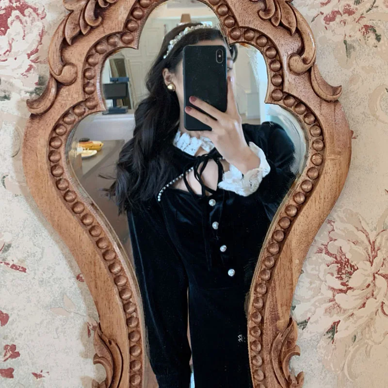 

2021 Winter Retro Velvet Midi Dress Women Long Sleeve Evening Party One Piece Dress Korean Black Elegant Dress Hollow Out Chic