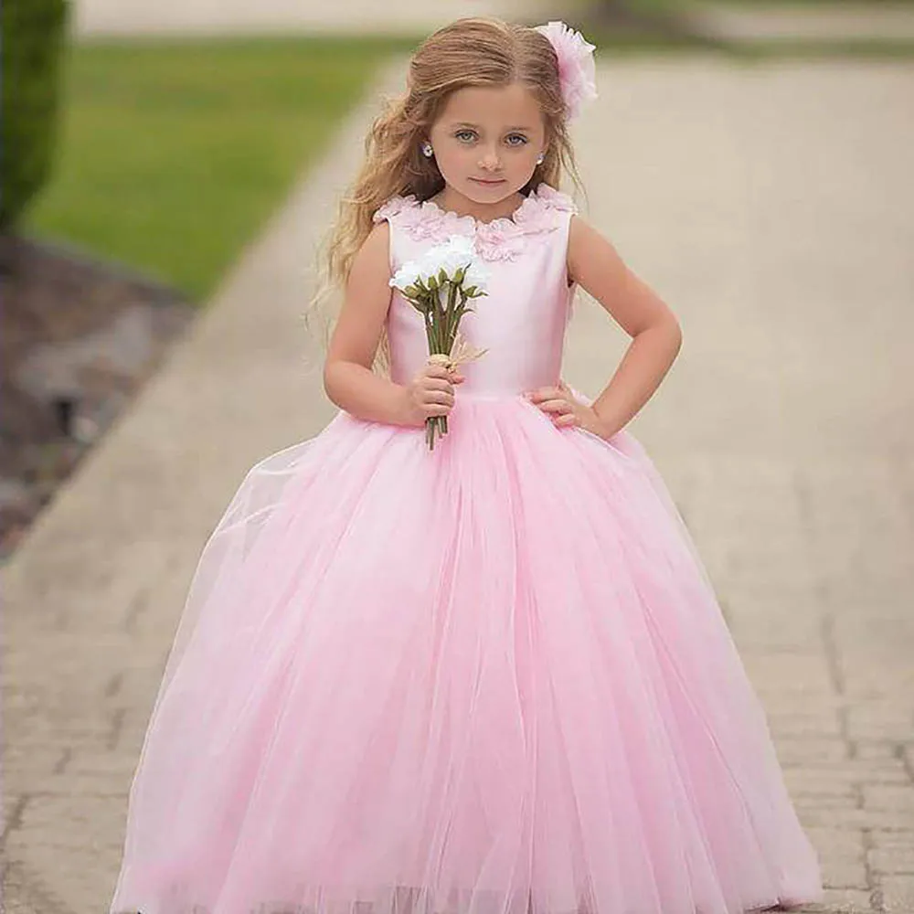 

Flower Girl Dresses Pink Backless Ball Gown Hand Made Flowers Pearls Lilttle Kids Birthday Pageant Weddding Gowns