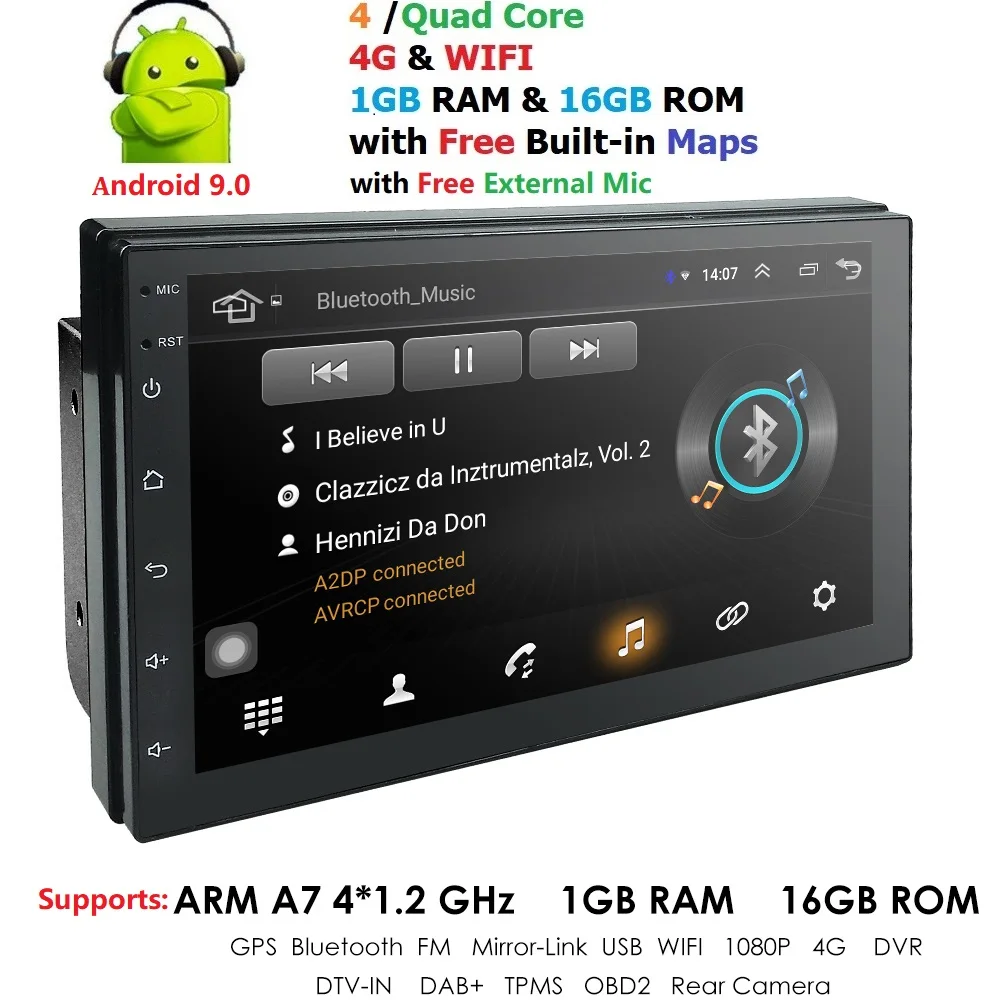 2 Din Android 9,0 автомобильный Радио Авто универсальный gps навигация 1024*600 Bluetooth wifi DAB DVR эквалайзер TPMS микрофон управление рулевым колесом