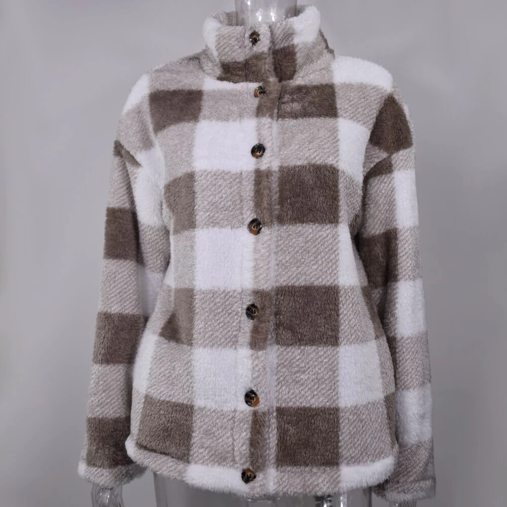 

Woman Winter Coats 2020 Fashion Plaid Faux Fur Plush Teddy Bear Stand Collar Jackets For Women Casual Pocket Autumn Coat Female