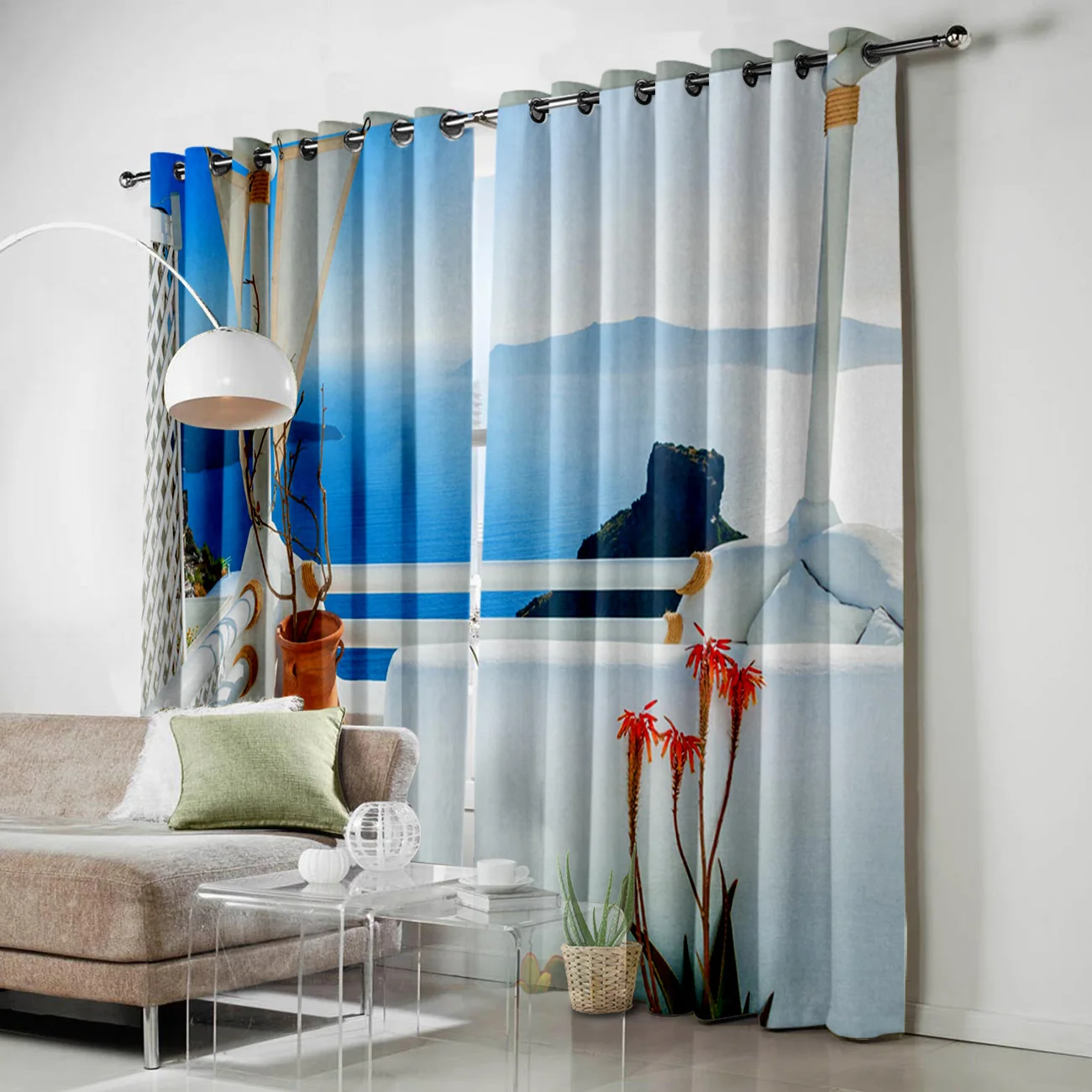 Море балкон греческий синий пляж окна шторы живописные для гостиной