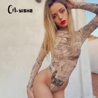 cnyishe sexy mesh see through bodysuits fashion print long sleeve body suit overalls bodycon jumpsuits women rompers casual tops